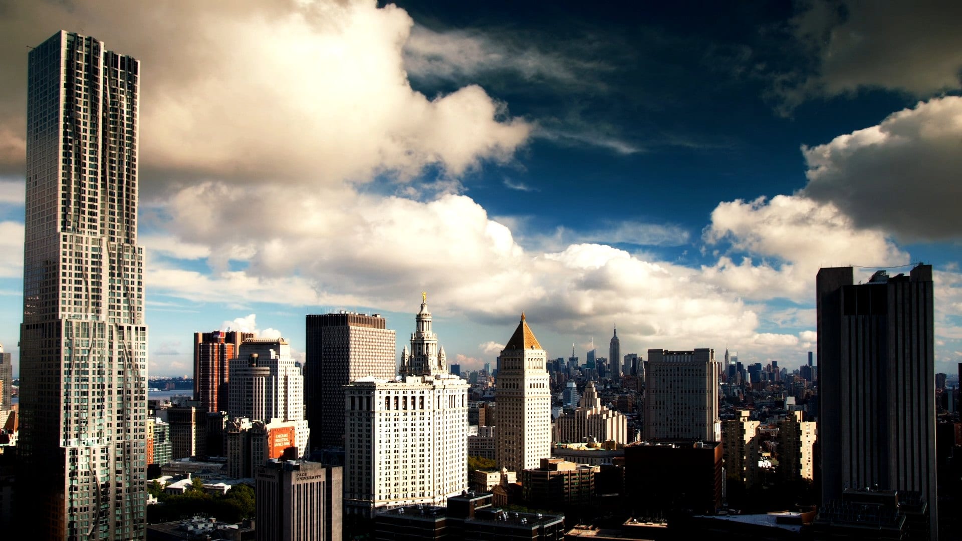The Manhattan skyline in New York under moving clouds
