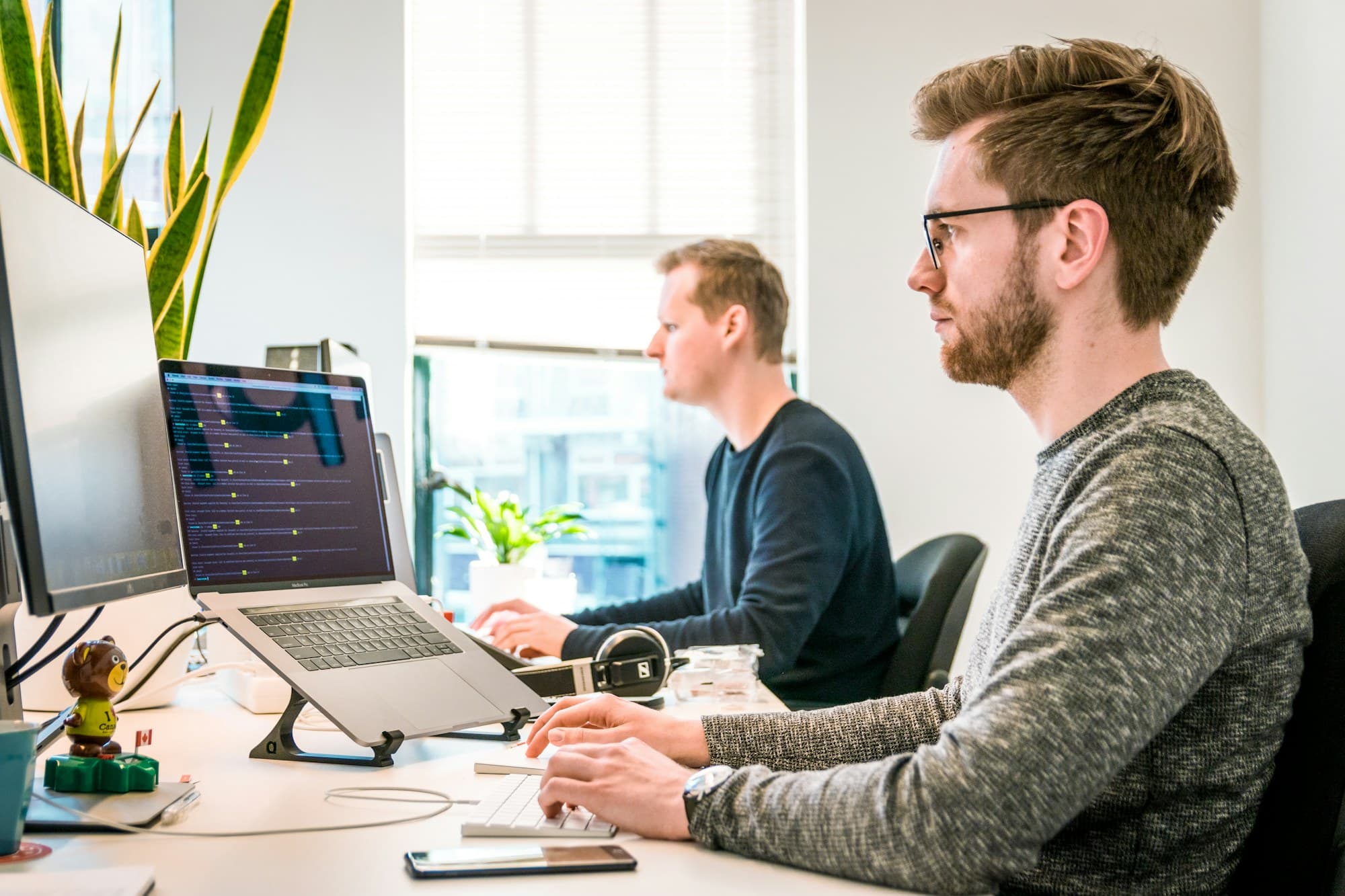 Two professionals working through applications at their desks